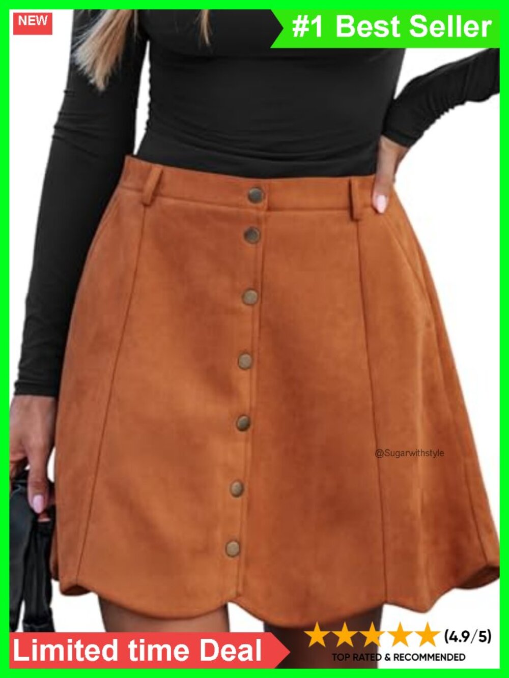 Suede Button Front Mini Skirt A-Line Casual
